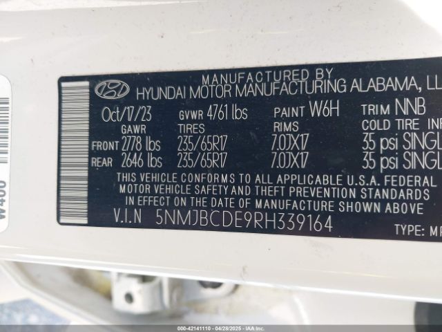 5NMJBCDE9RH339164 Hyundai TUCSON SEL