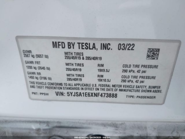 5YJSA1E6XNF473888 Tesla Model S Plaid Tri Motor All-wheel Drive