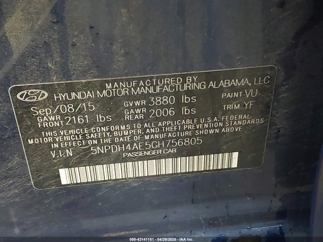 5NPDH4AE5GH756805 Hyundai ELANTRA SE