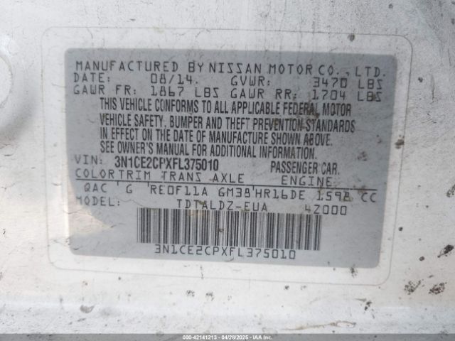 3N1CE2CPXFL375010 Nissan Versa Note S (sr)/s Plus/sl/sr/sv