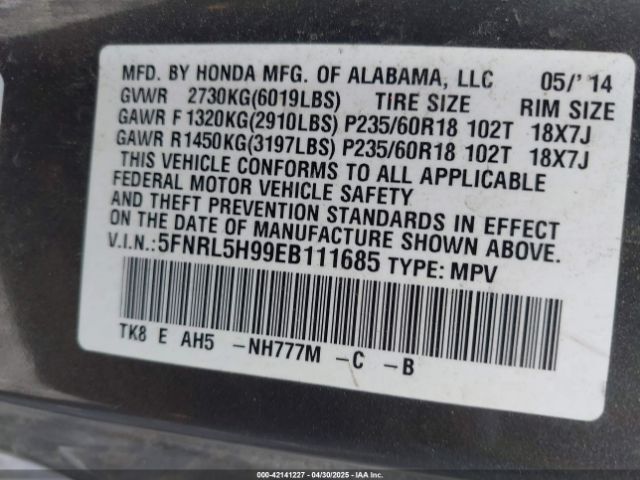 5FNRL5H99EB111685 Honda Odyssey Touring/touring Elite