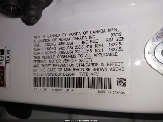 2HKRW2H58KH622644 Honda CR-V EX