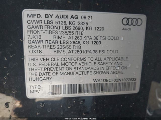 WA1DECF32N1022633 Audi Q3 Premium 45 Tfsi S Line Quattro Tiptronic