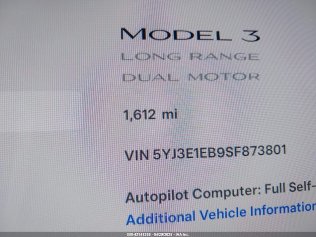 5YJ3E1EB9SF873801 Tesla Model 3 Long Range All-wheel Drive
