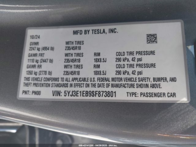 5YJ3E1EB9SF873801 Tesla Model 3 Long Range All-wheel Drive
