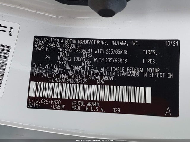 Toyota Highlander Xle 2022 5TDHZRAH9NS092425 Image 9