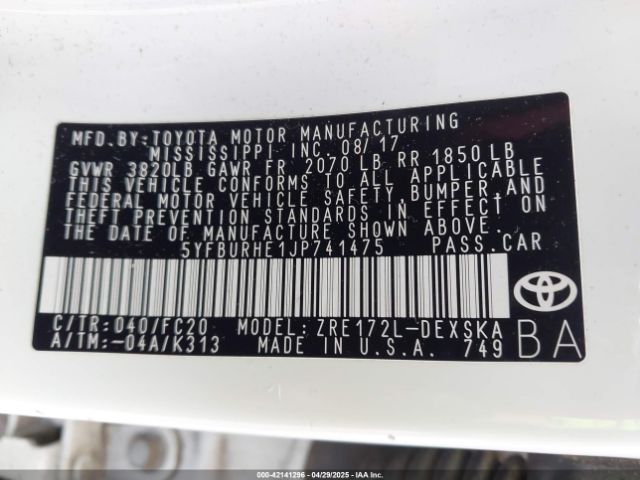 5YFBURHE1JP741475 Toyota Corolla L/le/xle/se/xse