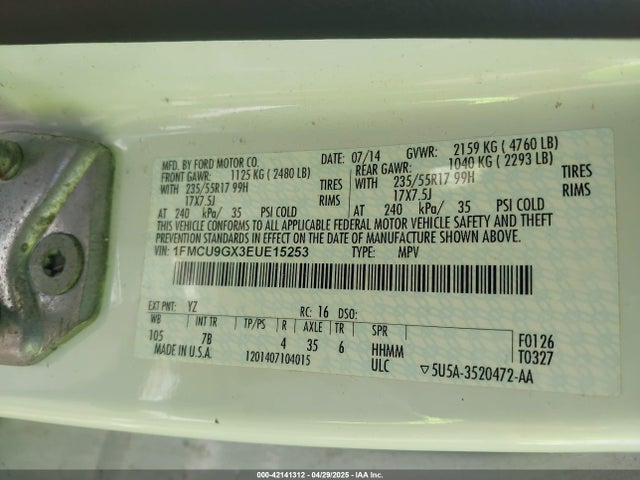 1FMCU9GX3EUE15253 Ford ESCAPE SE