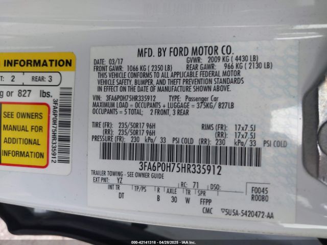 3FA6P0H75HR335912 Ford FUSION SE