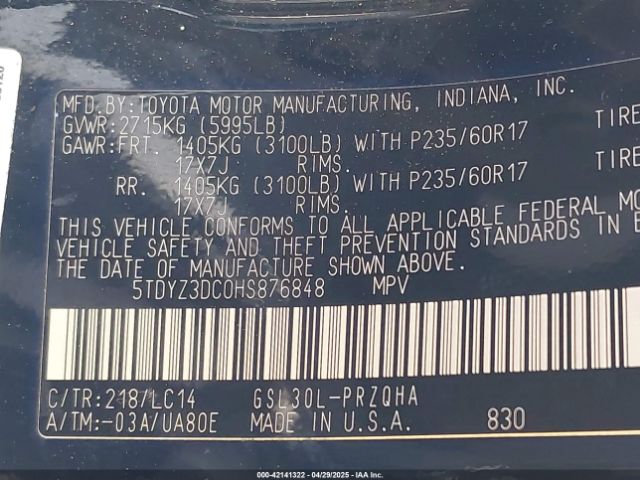 5TDYZ3DC0HS876848 Toyota Sienna Xle/limited