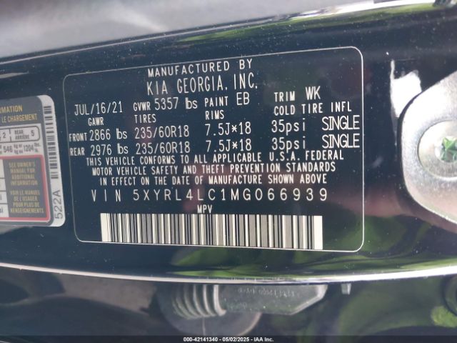 5XYRL4LC1MG066939 KIA SORENTO S