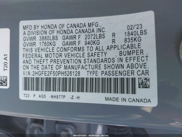 2HGFE2F50PH526128 Honda Civic Sport
