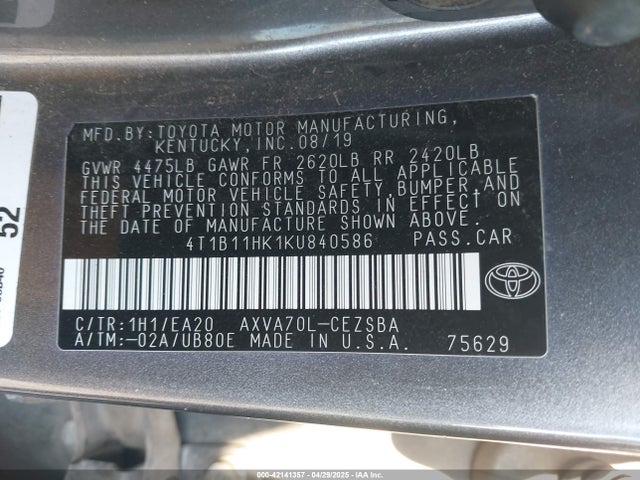 4T1B11HK1KU840586 Toyota CAMRY SE