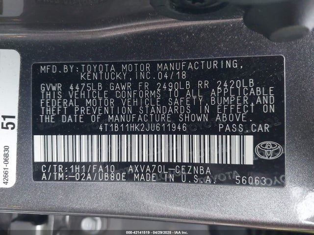 4T1B11HK2JU611946 Toyota CAMRY LE