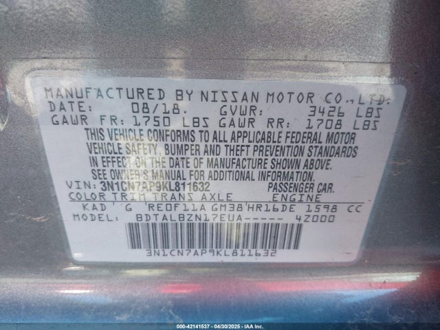3N1CN7AP9KL811632 Nissan Versa 1.6 Sv