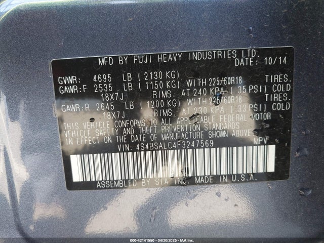 Subaru Outback 2.5i Limited 2015 4S4BSALC4F3247569 Image 9