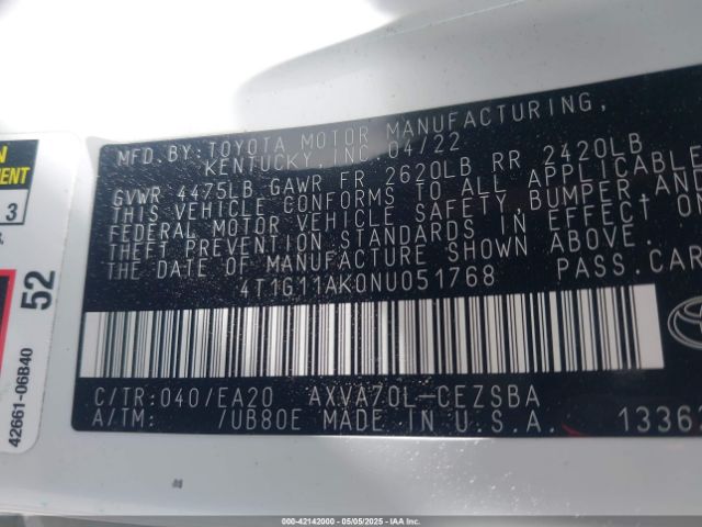 4T1G11AK0NU051768 Toyota CAMRY SE