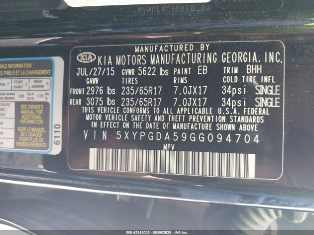 5XYPGDA59GG094704 KIA Sorento 3.3l Lx