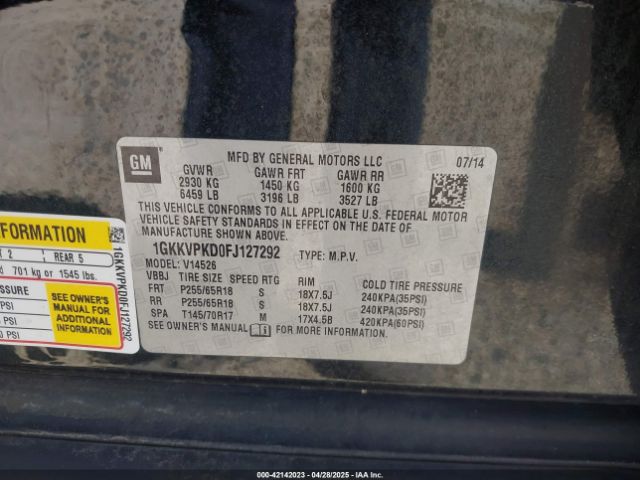 1GKKVPKD0FJ127292 GMC Acadia Sle-2