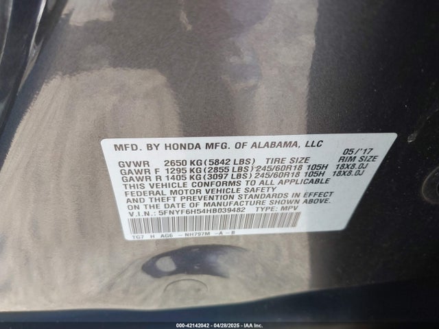 5FNYF6H54HB039482 Honda Pilot Ex-l
