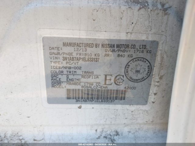 3N1AB7AP1EL633137 Nissan Sentra Fe+ S/fe+ Sv/s/sl/sr/sv