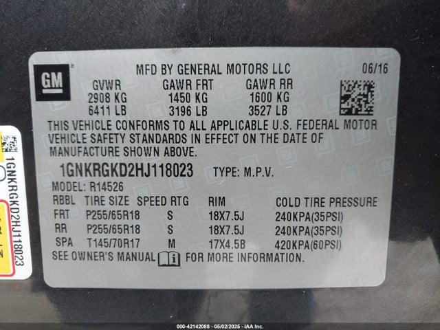 1GNKRGKD2HJ118023 Chevrolet Traverse 1lt