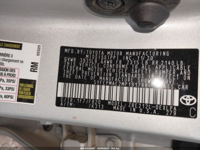 5YFEPMAE2MP191788 Toyota COROLLA LE
