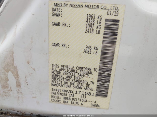 Nissan Altima 2.5 S 2019 1N4BL4BV2KC171081 Image 9