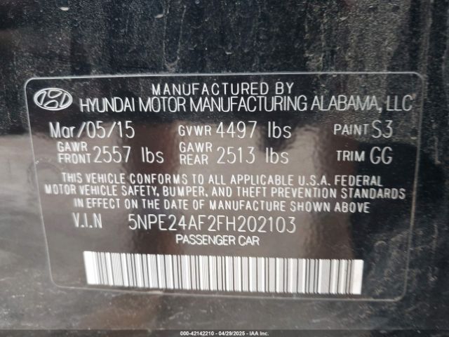 5NPE24AF2FH202103 Hyundai SONATA SE