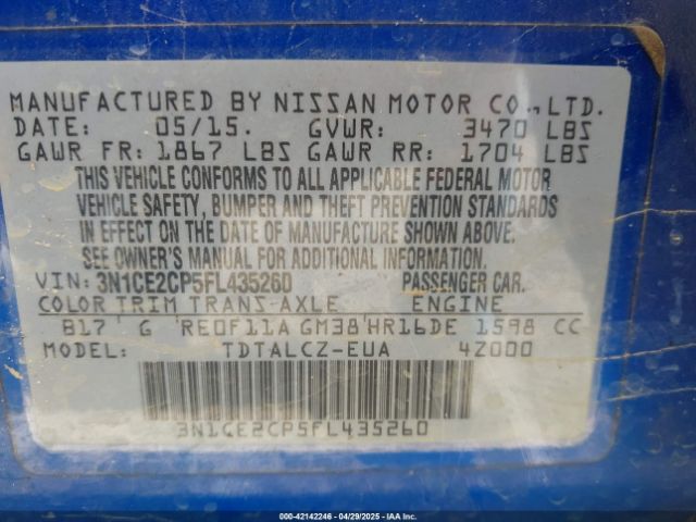 3N1CE2CP5FL435260 Nissan Versa Note S Plus