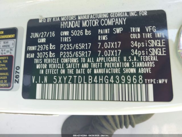 5XYZTDLB4HG439968 Hyundai Santa Fe Sport 2.4l
