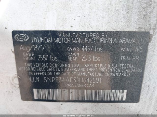 5NPE34AF3JH642501 Hyundai SONATA SEL