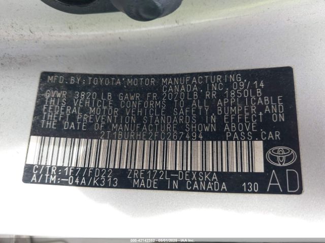 2T1BURHE2FC267494 Toyota Corolla S Plus