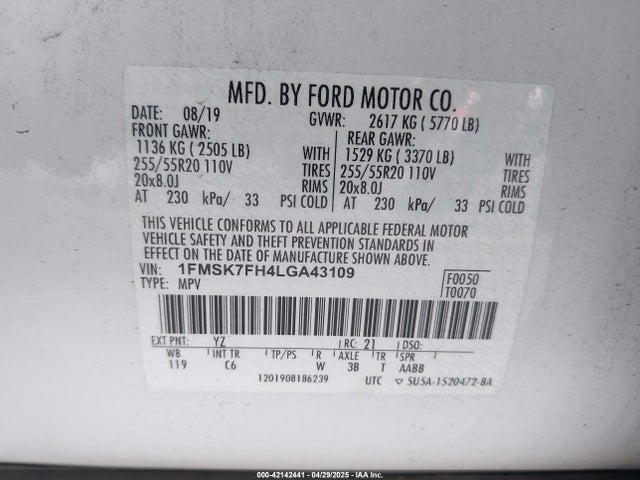 1FMSK7FH4LGA43109 Ford Explorer Limited