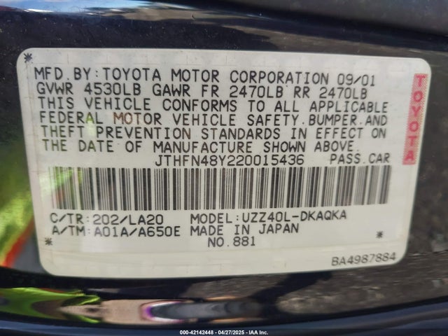 2002 Lexus Sc 430 მანქანა იყიდება აუქციონზე, vin: JTHFN48Y220015436, აუქციონის ნომერი: 42142448