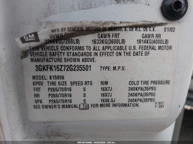 2002 GMC YUKON XL 1500 3GKFK16Z72G235501 Photo 8
