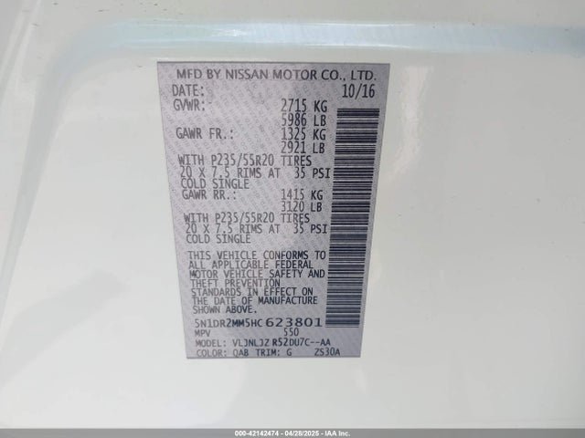 5N1DR2MM5HC623801 Nissan Pathfinder Platinum