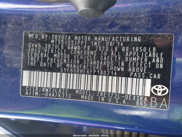 5YFBURHE6FP180214 Toyota Corolla S Premium