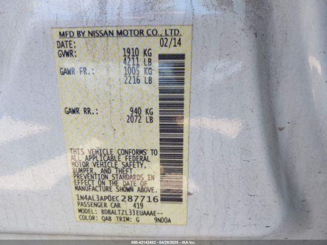1N4AL3AP0EC287716 Nissan Altima 2.5 Sv