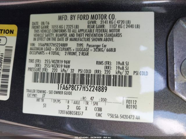 1FA6P8CF7H5224889 Ford Mustang Gt Premium