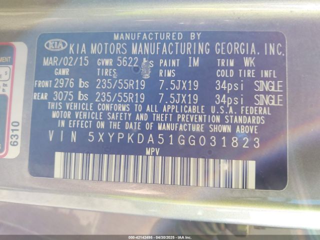 5XYPKDA51GG031823 KIA Sorento 3.3l Sx