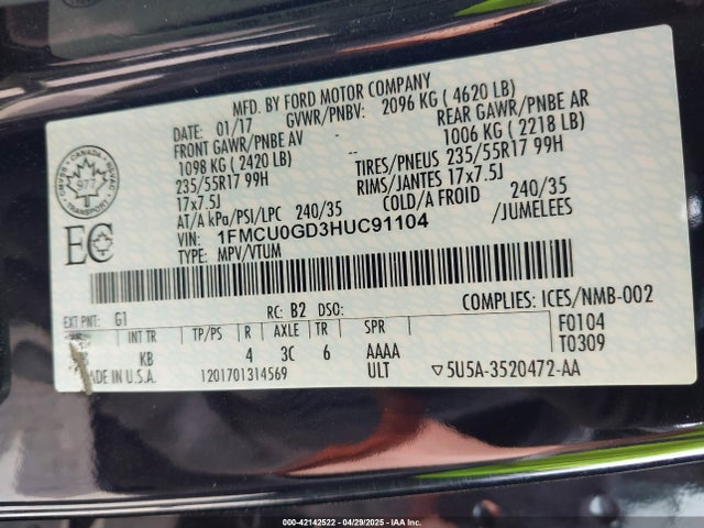 1FMCU0GD3HUC91104 Ford ESCAPE SE
