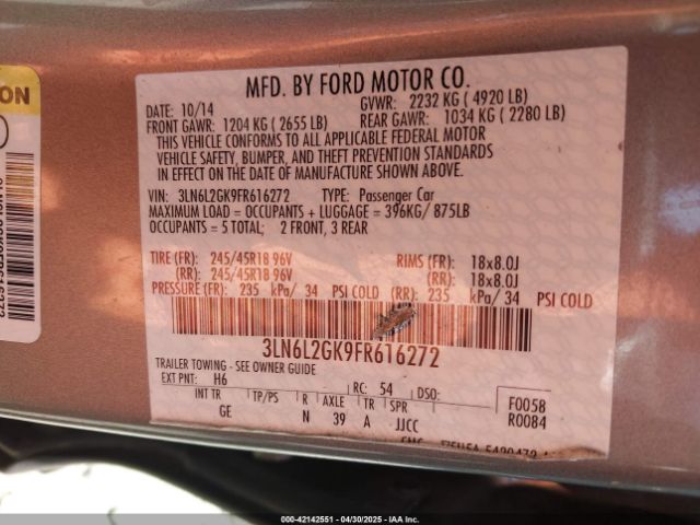 3LN6L2GK9FR616272 Lincoln MKZ