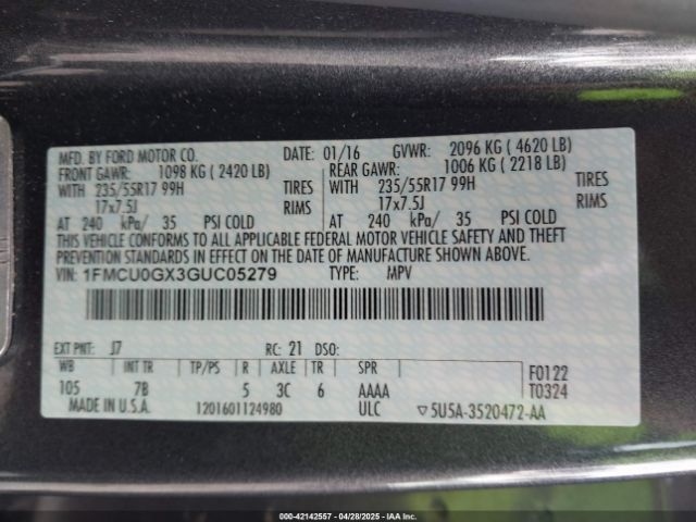 1FMCU0GX3GUC05279 Ford ESCAPE SE