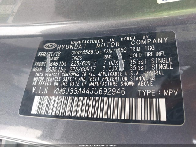 KM8J33A44JU692946 Hyundai TUCSON SEL