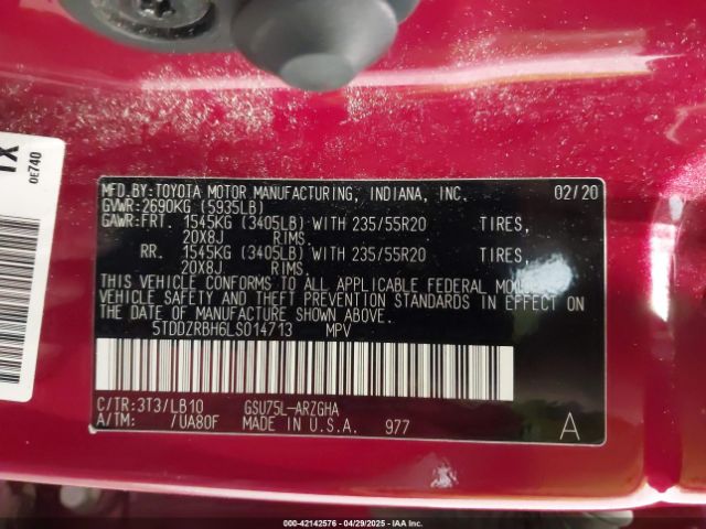 5TDDZRBH6LS014713 Toyota Highlander Limited