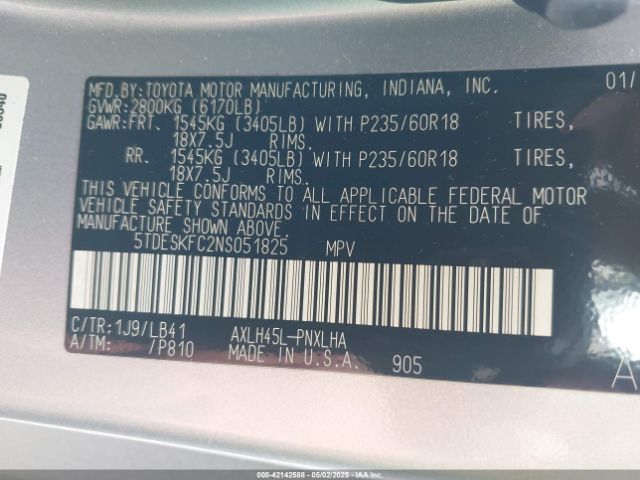 5TDESKFC2NS051825 Toyota Sienna Platinum