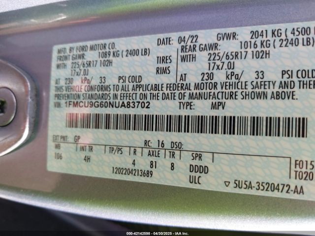 1FMCU9G60NUA83702 Ford ESCAPE SE