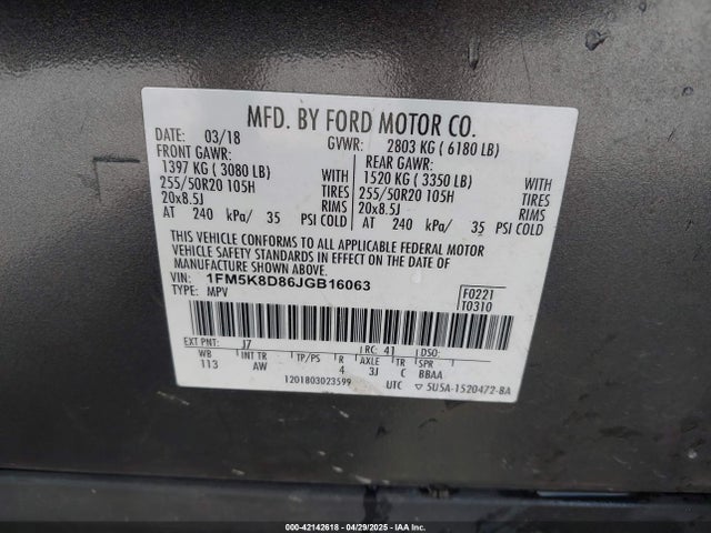1FM5K8D86JGB16063 Ford EXPLORER XLT
