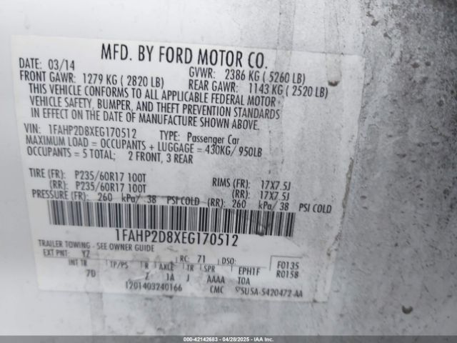1FAHP2D8XEG170512 Ford TAURUS SE
